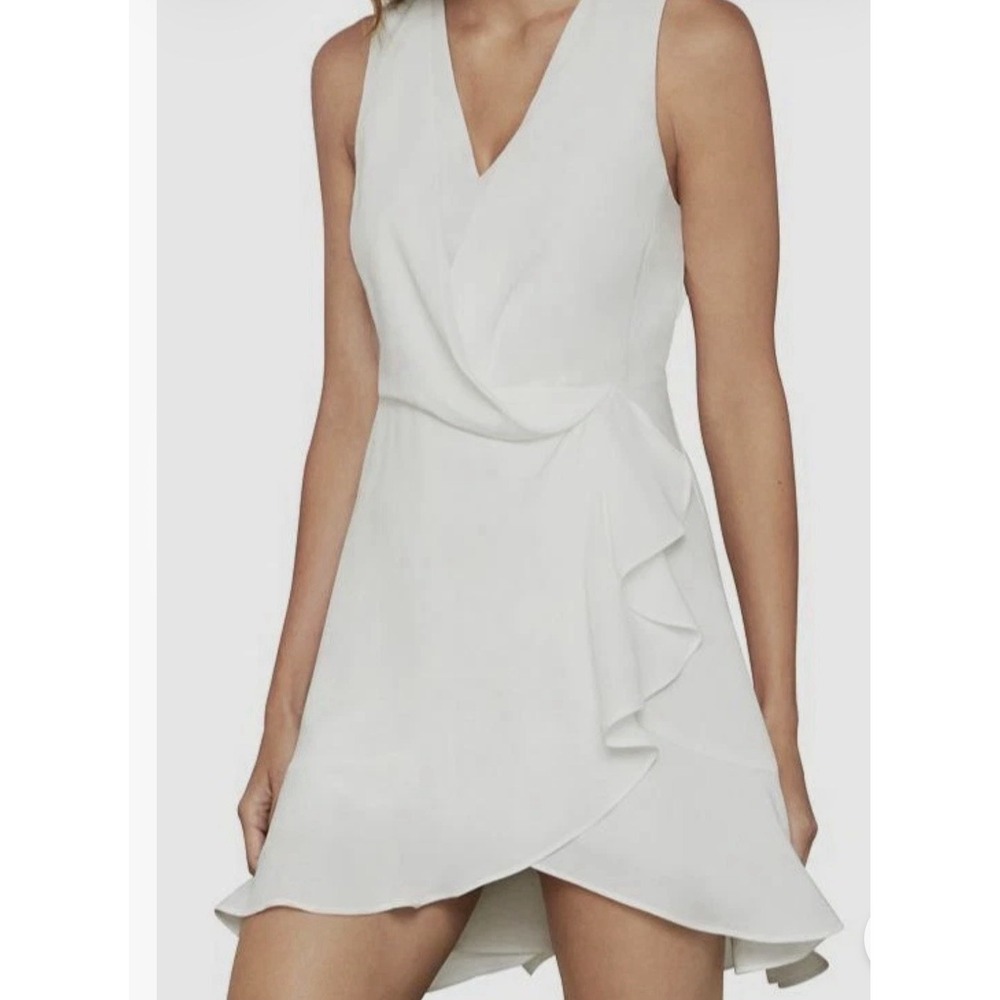 $349 Bcbgmaxazria Women's White V-Neck Faux-Wrap Ruffle Satin Crepe Mini Dress 0